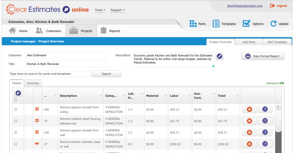 screenshot of Clear Estimates